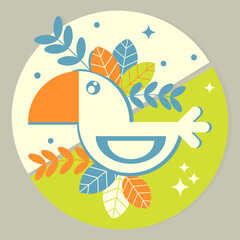 Poster with a tropical bird  with leaves and branches