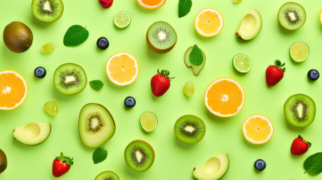 Fresh fruits. Pattern of fruits and berries on a green background. Flat design. 