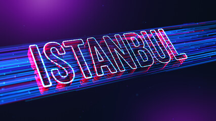 Futuristic Purple Blue Red Blurry Focus Istanbul 3D Perspective Text, City In Turkey With Dotted Lines Particle Breeze Effect And Glitter Dust Light Flare