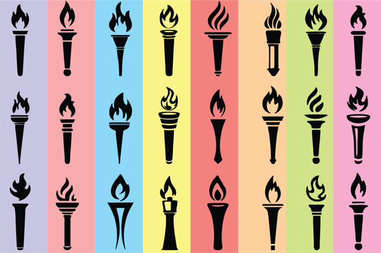 Set of traditional ancient Greek torch icons. Greece runner, Sport flame. Symbol of light and enlightenment. Editable vector burning stick, sports symbol icon, historical tradition icons. eps 10.