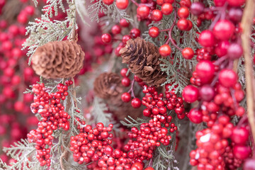 Pinecones Tree Red Berries Holiday Decor Background Christmas Season