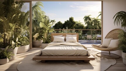 The chic outdoor terrace of Contemporary Bliss Bedroom, with modern outdoor furniture, potted plants, and a view that complements the contemporary interior, providing a stylish retreat.