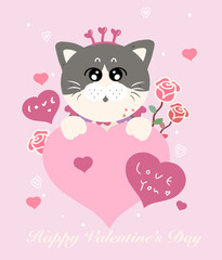 Valentine greeting card, Cat cartoon character, Happy valentine's day hand drawing illustration