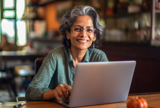 Attractive mature indian woman sitting in front of a laptop smiling