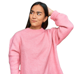 Young asian woman wearing casual winter sweater confuse and wondering about question. uncertain with doubt, thinking with hand on head. pensive concept.