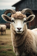 Obraz premium A beautiful ram with horns looks into the camera at the pasture. Farm, pets concepts.