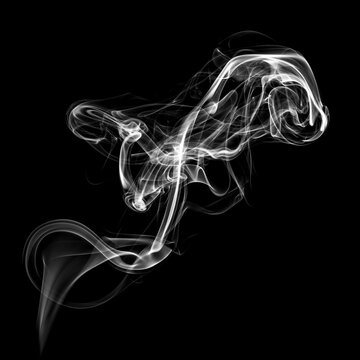 Abstract white puffs of smoke swirl overlay on black background pollution. Royalty high-quality free stock photo of abstract smoke overlays on backgrounds. Black smoke swirls fragments