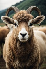 A beautiful ram with horns looks into the camera at the pasture. Farm, pets concepts.