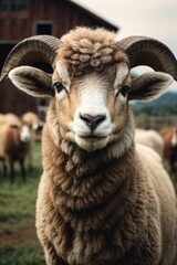 Fototapeta premium A beautiful ram with horns looks into the camera at the pasture. Farm, pets concepts.