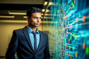 Fototapeta premium portrait of beautiful young indian business man in front of a information whiteboard