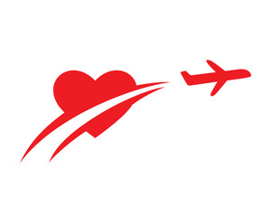 Take Off Plane Flying Through Love or Heart Symbol combined with Swoosh Symbolizing Honeymoon Travel, and Vacation