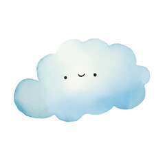 Watercolor of blue cloud with cute face. Isolated on transparent background
