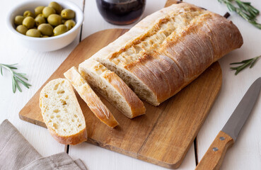 Ciabatta on a white background. Italian food. Bread. Vegetarian food.