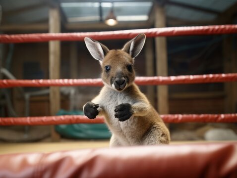 A kangaroo is standing in a boxing ring. Generative AI.