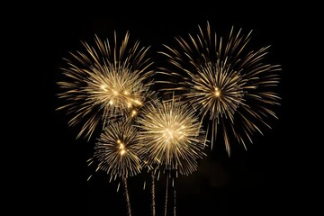 Golden explosions of color. Spectacular fireworks display lighting up night sky in celebration of joyous festival or holiday event. Vivid and bright fireworks illuminate dark background