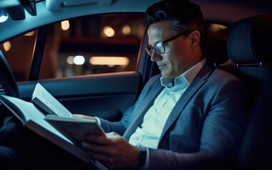A man in a suit reading a book in his car. Generative AI.