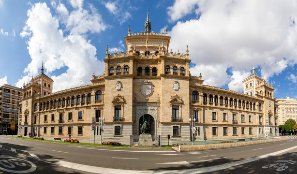 Valladolid, Spain - October 13, 2023: Views of the different buildings surrounding the Plaza de Zorilla in the historic city center of Valladolid, Spain