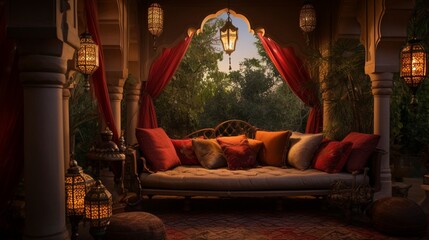 The enchanting outdoor terrace of Moroccan Mystique Sleeping Haven, with Moroccan-style furniture, plush cushions, and ornate details, providing a luxurious and magical retreat.