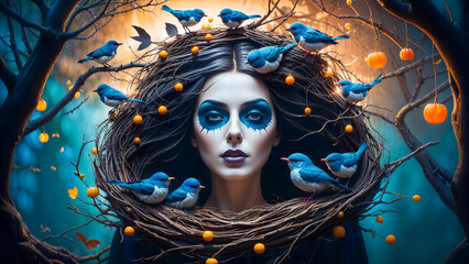 Nestled Dreams: A Woman's Surreal Connection with Blue Birds in a Fantastical Forest