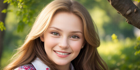 A Beautiful Russian girl smiling Portrait in blurred background of nature