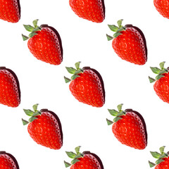 Seamless pattern of red saturated strawberries with a shadow on a white background. Summer natural sweet delicious food background. Suitable for wallpaper, textile, background, poster, greeting card