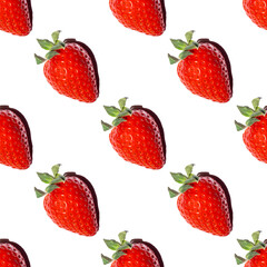 Seamless pattern of red saturated strawberries with a shadow on a white background. Summer natural sweet delicious food background. Suitable for wallpaper, textile, background, poster, greeting card