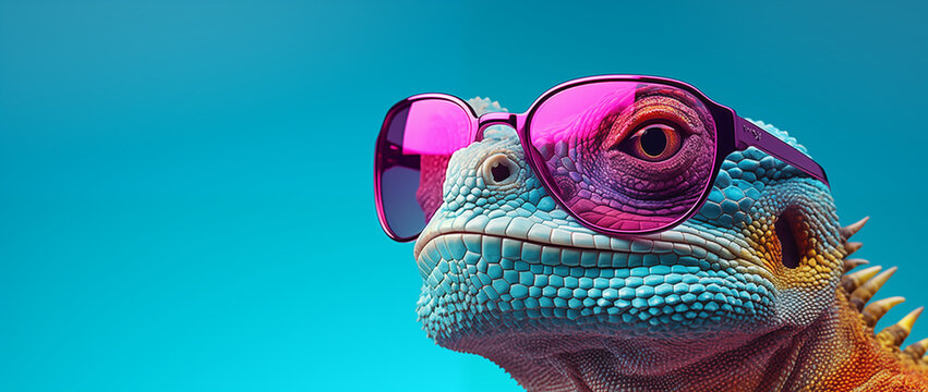 a lizard with sunglasses in blue space, in the style of vibrant color-blocking, 32k uhd, post-internet aesthetics, pink and amber, heatwave, 20 megapixels, vibrant colours