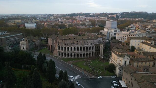 Drone Orbits Above Theatre of Marcellus, Ruins of Temple of Apollo Palatinus. Roma