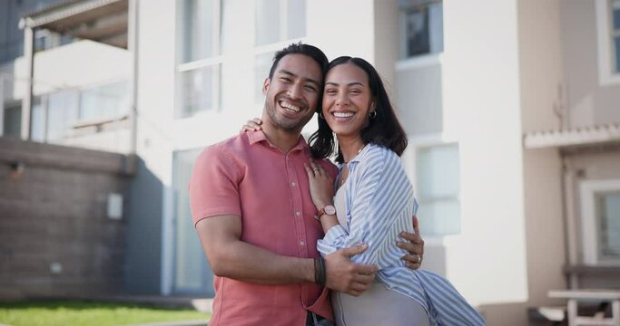 Happy couple, outdoor and new home, real estate and property, investment or homeowner in neighborhood. Face of interracial people or woman and man hug together and moving in dream house and backyard