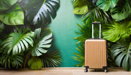 Luggage Suitcase Against a Background of Green Exotic Tropical Plants Wall