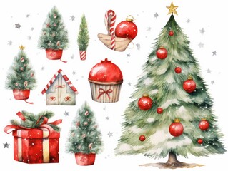 Celebrate the magic of the season with watercolor graphics featuring adorable trees, gifts, and toys on a pristine white canvas.