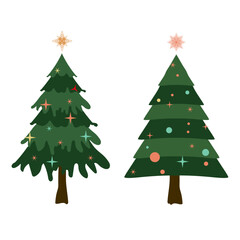 Collection of 2 Christmas trees in different styles. Green Christmas Trees vector illustration on white background