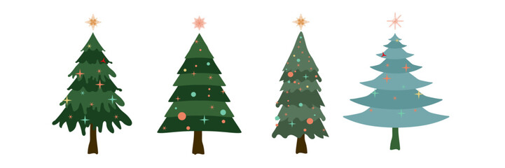 Collection of Christmas trees in different styles. Green Christmas Trees vector illustration