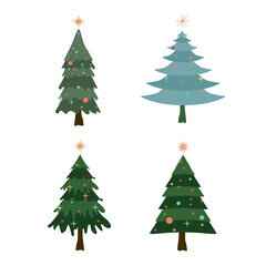 Collection of four Christmas trees in different styles. Green Christmas Trees vector illustration