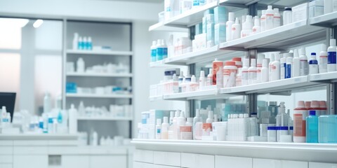 pharmacy drugstore shelves interior blurred abstract background with copy space 