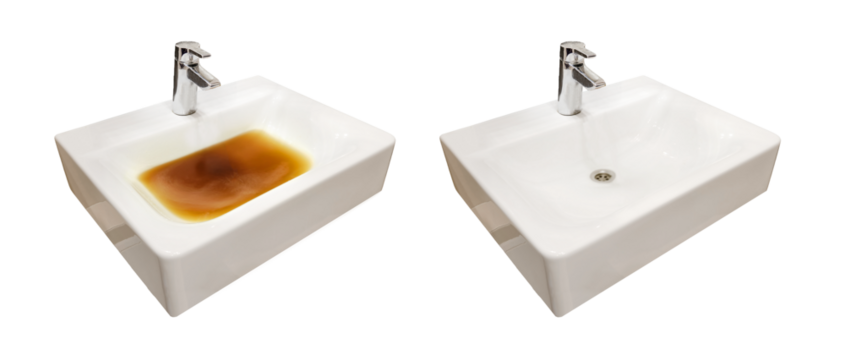 Blockage in the sink before and after the problem is resolved, isolated on a white background. Clog problems in the bathroom and toilet