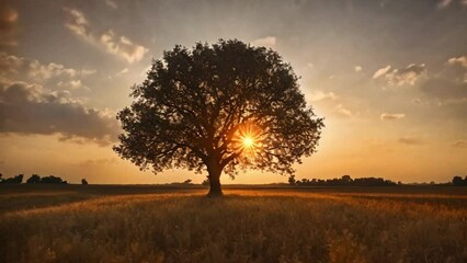 The Sun Rising Behind A Single Tree - Powered by Adobe