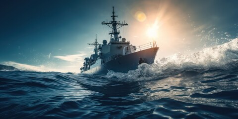 Modern warship, frigate surging through the ocean of water with sparkling, - obrazy, fototapety, plakaty