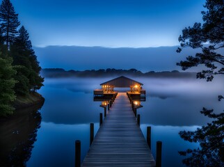 Fototapeta premium Tranquil pier at misty blue hour by the lake, serene beauty captured in dreamy atmospheric tones.