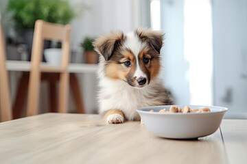 A small, cute puppy with a brown and white coat, looking at its food bowl.