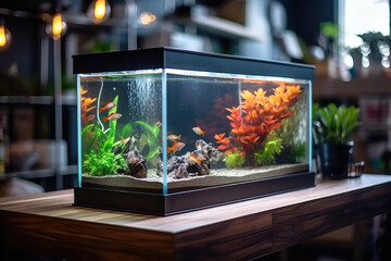 A lush aquarium with tropical fish, green plants, and a vibrant underwater landscape at home. - obrazy, fototapety, plakaty