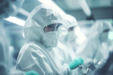 Scientists in hazmat suits working in a modern laboratory, researching medicine, virus, and health. - obrazy, fototapety, plakaty