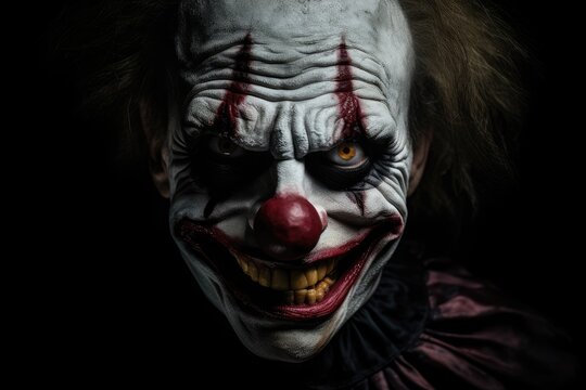 A terrifying evil clown with dark and fearsome makeup, creating a sense of horror and fear.