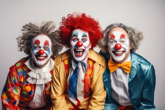 A vibrant group of clowns in festive costumes celebrating a lively and joyful party.