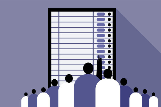 A group of people standing in front of Electronic voting machine to vote