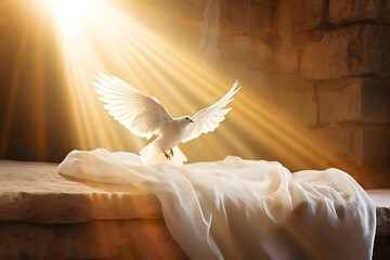 Naklejka premium Resurrection Of Jesus Christ Concept. White Bird, Shroud And Crucifixion At Sunrise