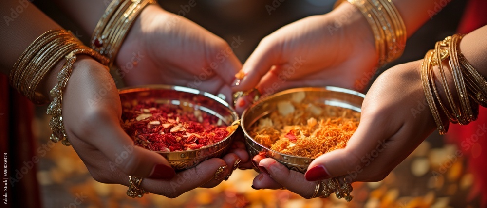 Wall mural beautiful hands of two indian women at the wedding with bangles and henna.