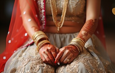Beautiful hands of two Indian women at the wedding with bangles and henna. - obrazy, fototapety, plakaty