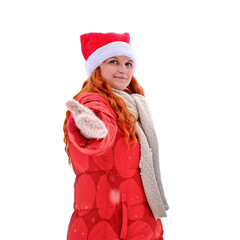 A happy woman holds out her hand in a follow me gesture, a winter park with trees in the snow,...