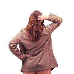 School teacher stands pensively, isolated on a white background